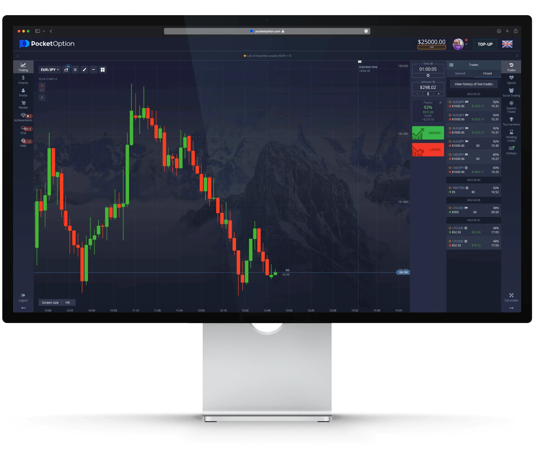 Pocket Option Handelskonto - Handelsdashboard och handelsplattform
